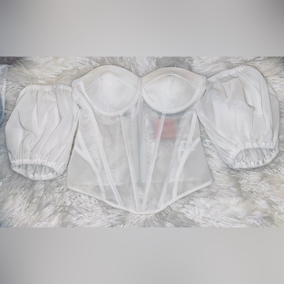 Miss Lola Tops - Miss Lola White Off-Shoulder Sheer Corset Top with Puff Sleeves